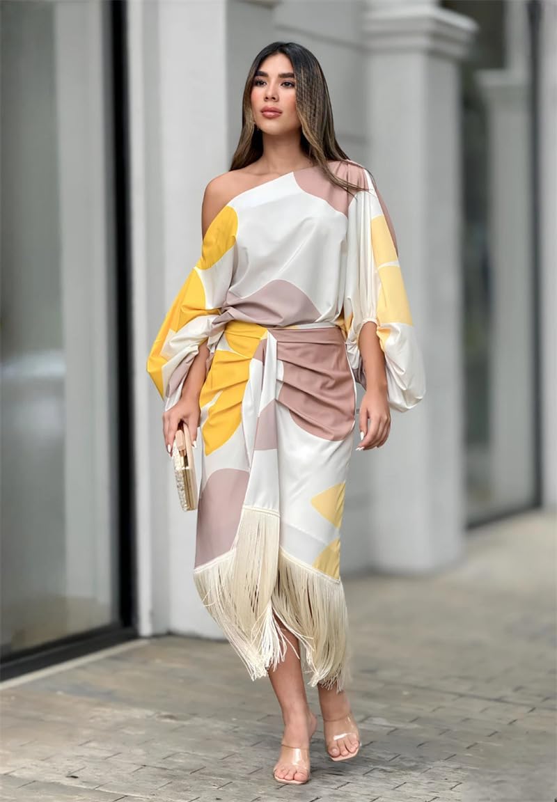 Women's One-Shoulder Wrap Midi Dress - Elegant Asymmetrical Fringe Sleeve Dress