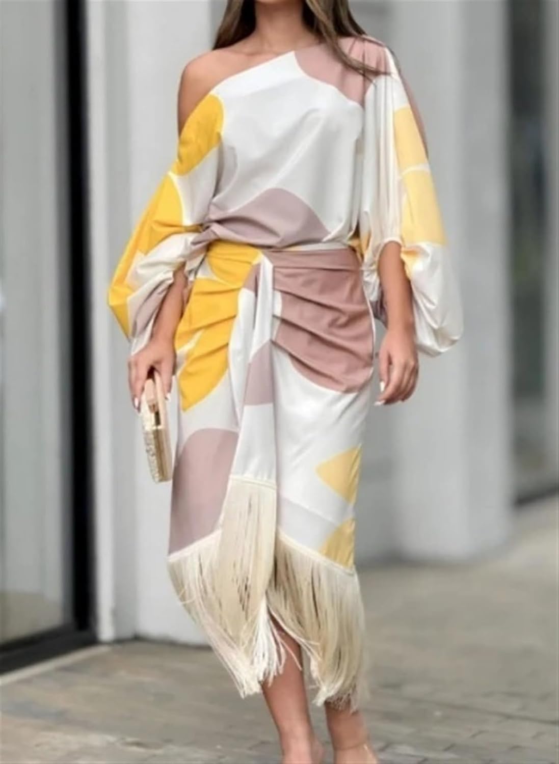 Women's One-Shoulder Wrap Midi Dress - Elegant Asymmetrical Fringe Sleeve Dress