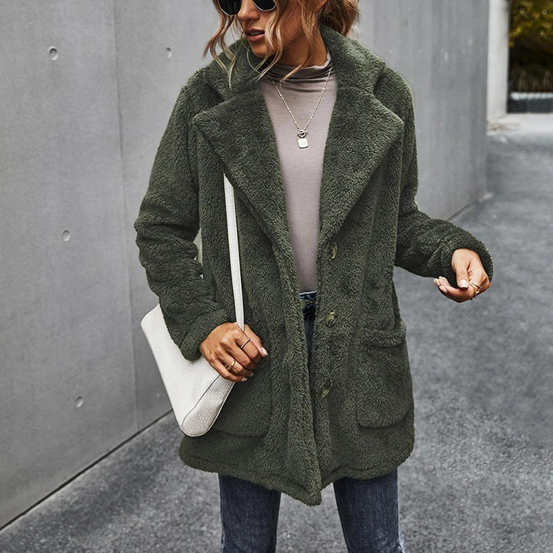 Women’s Fleece Coat with Turn-Down Collar – Soft Cozy Warm Casual Winter Style