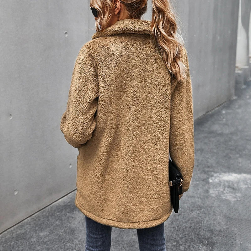 Women’s Fleece Coat with Turn-Down Collar – Soft Cozy Warm Casual Winter Style