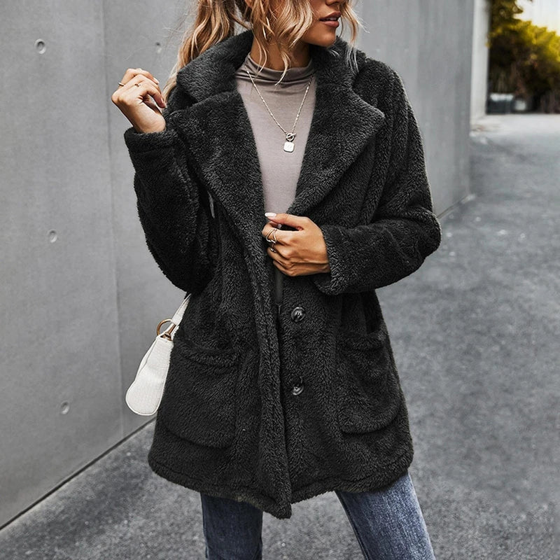 Women’s Fleece Coat with Turn-Down Collar – Soft Cozy Warm Casual Winter Style