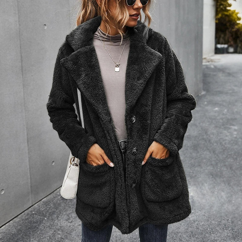 Women’s Fleece Coat with Turn-Down Collar – Soft Cozy Warm Casual Winter Style