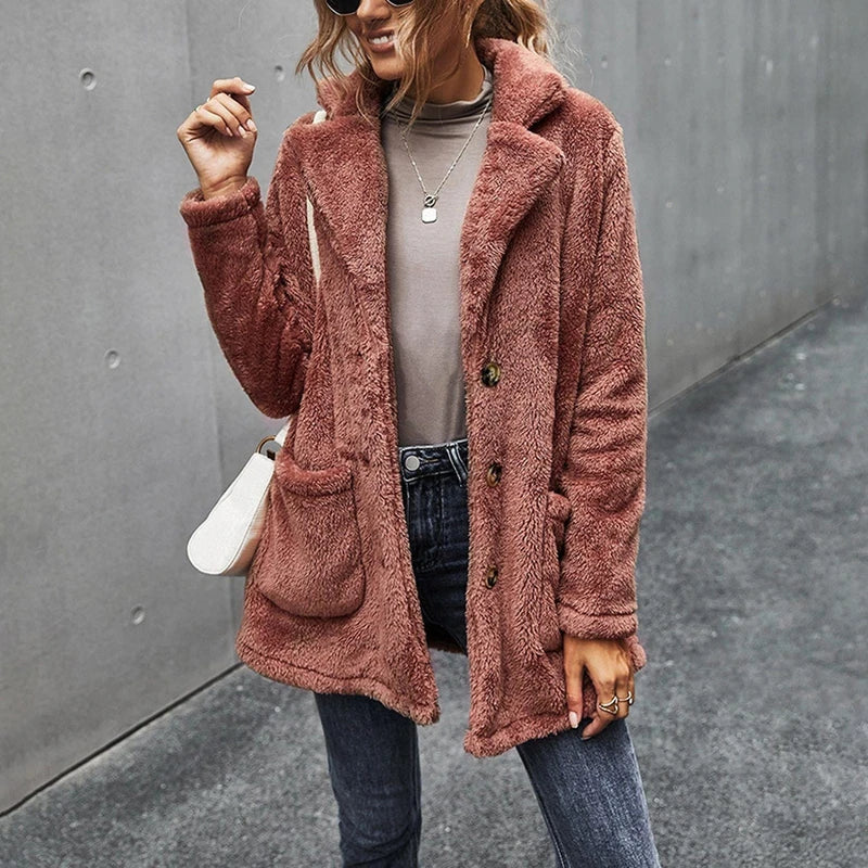 Women’s Fleece Coat with Turn-Down Collar – Soft Cozy Warm Casual Winter Style