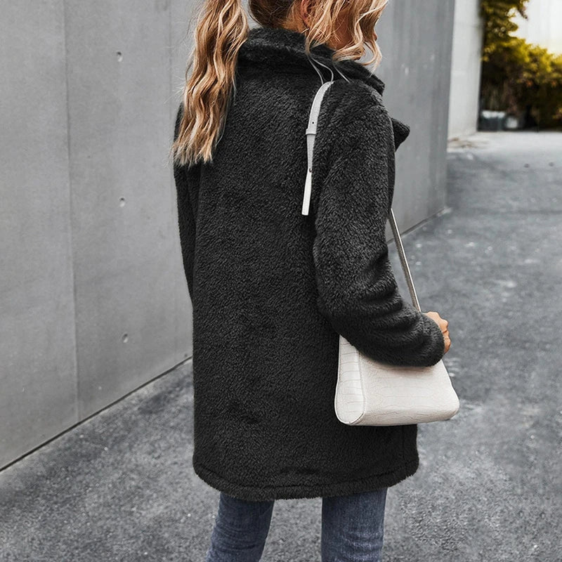 Women’s Fleece Coat with Turn-Down Collar – Soft Cozy Warm Casual Winter Style