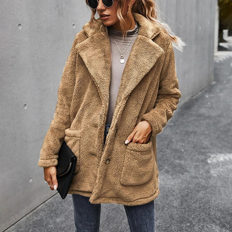 Women’s Fleece Coat with Turn-Down Collar – Soft Cozy Warm Casual Winter Style