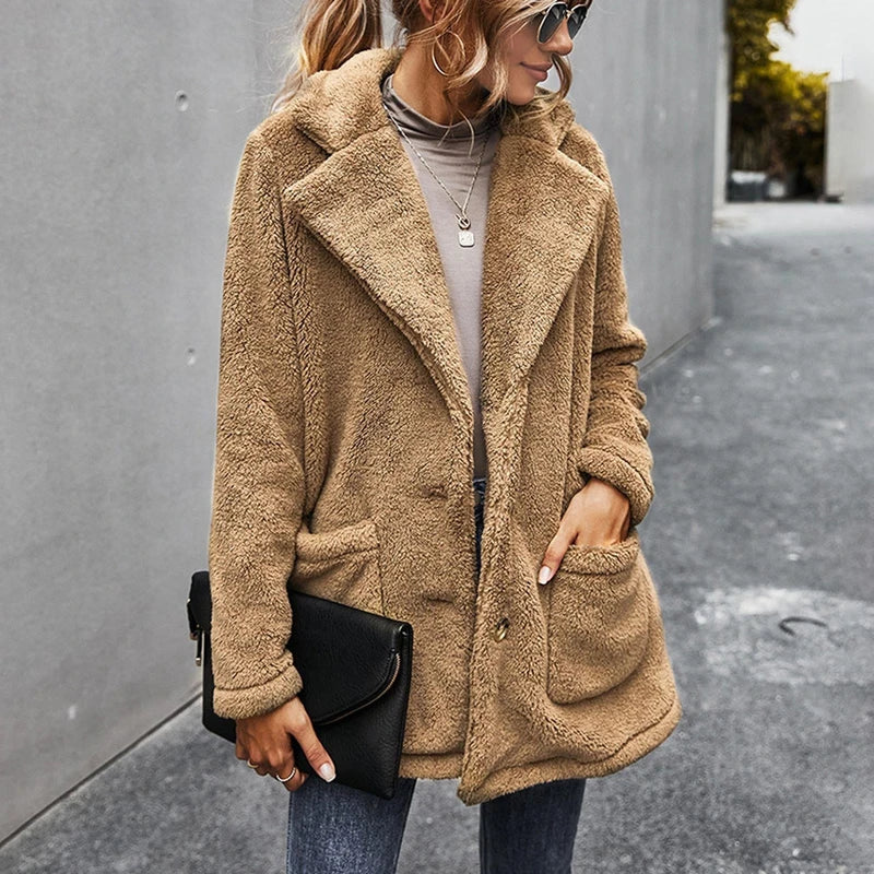 Women’s Fleece Coat with Turn-Down Collar – Soft Cozy Warm Casual Winter Style