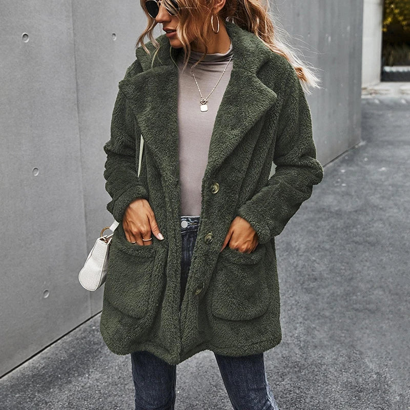 Women’s Fleece Coat with Turn-Down Collar – Soft Cozy Warm Casual Winter Style