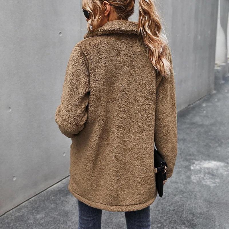 Women’s Fleece Coat with Turn-Down Collar – Soft Cozy Warm Casual Winter Style