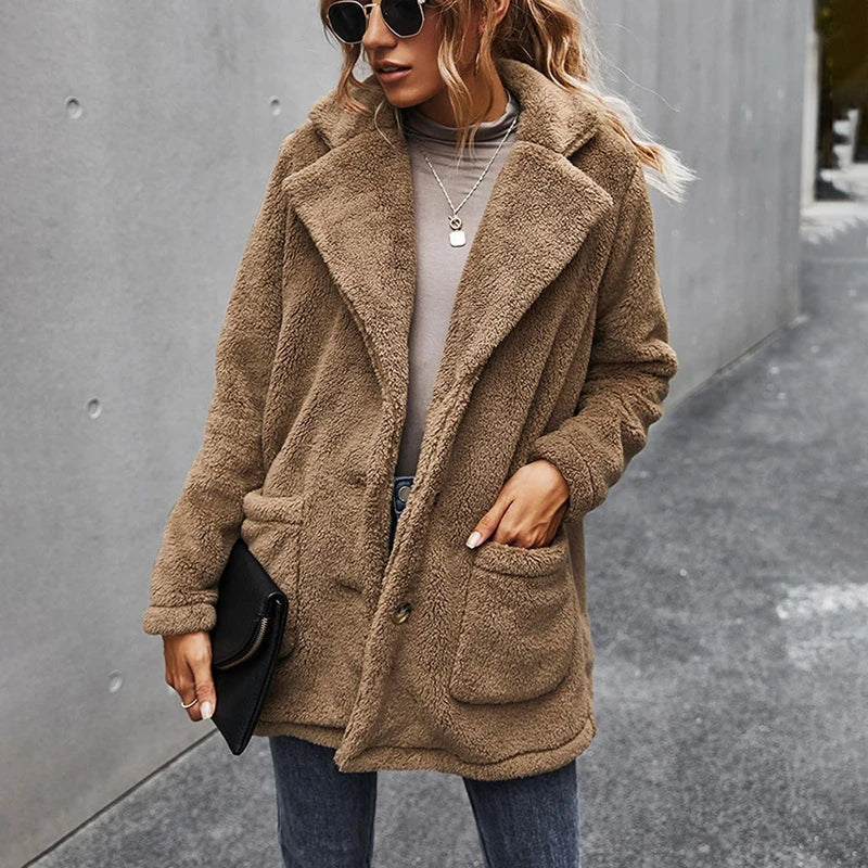 Women’s Fleece Coat with Turn-Down Collar – Soft Cozy Warm Casual Winter Style