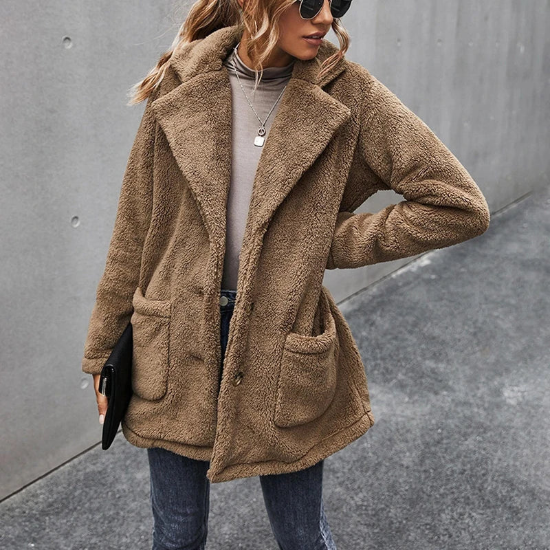 Women’s Fleece Coat with Turn-Down Collar – Soft Cozy Warm Casual Winter Style