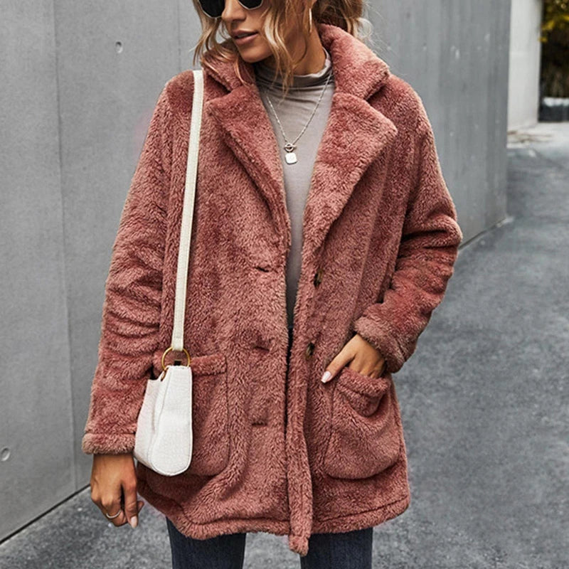 Women’s Fleece Coat with Turn-Down Collar – Soft Cozy Warm Casual Winter Style