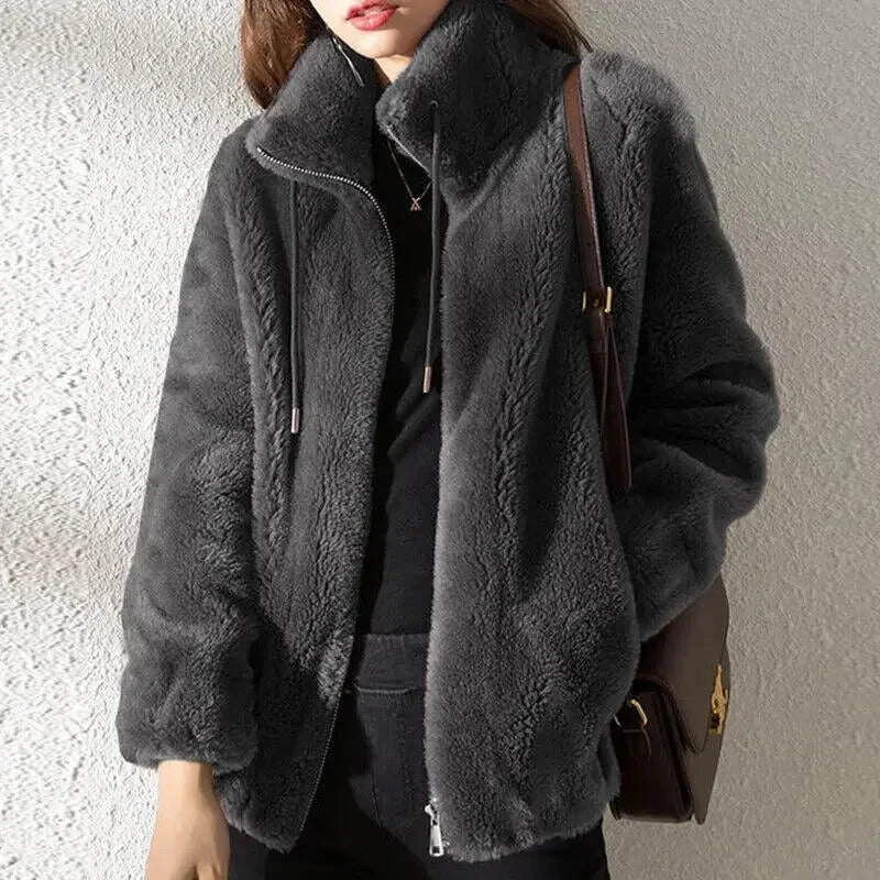 Women’s Plain Fluffy Coat with Drawstring – Soft Cozy Casual Winter Outerwear Style