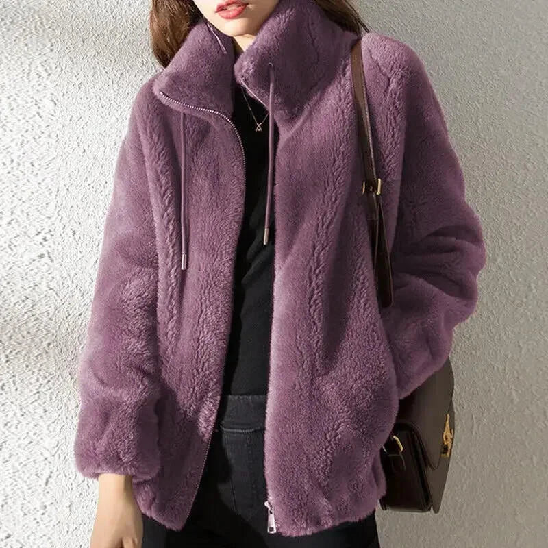 Women’s Plain Fluffy Coat with Drawstring – Soft Cozy Casual Winter Outerwear Style