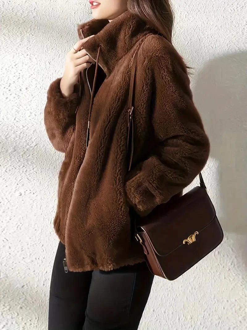 Women’s Plain Fluffy Coat with Drawstring – Soft Cozy Casual Winter Outerwear Style