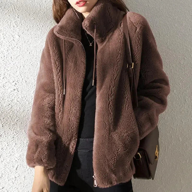 Women’s Plain Fluffy Coat with Drawstring – Soft Cozy Casual Winter Outerwear Style