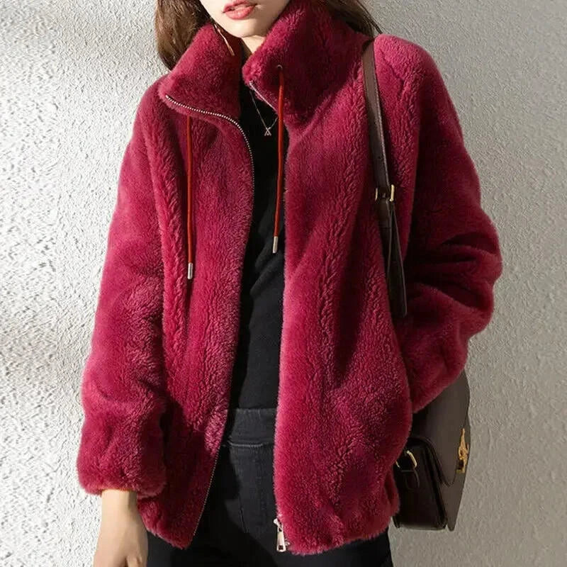 Women’s Plain Fluffy Coat with Drawstring – Soft Cozy Casual Winter Outerwear Style