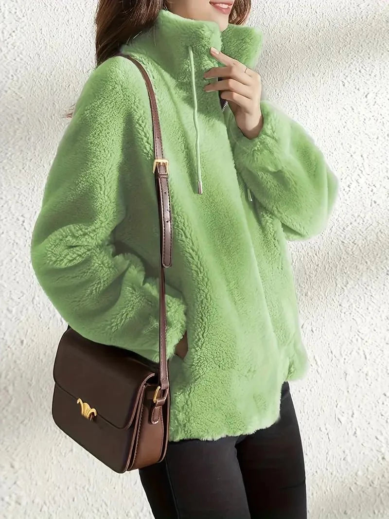 Women’s Plain Fluffy Coat with Drawstring – Soft Cozy Casual Winter Outerwear Style