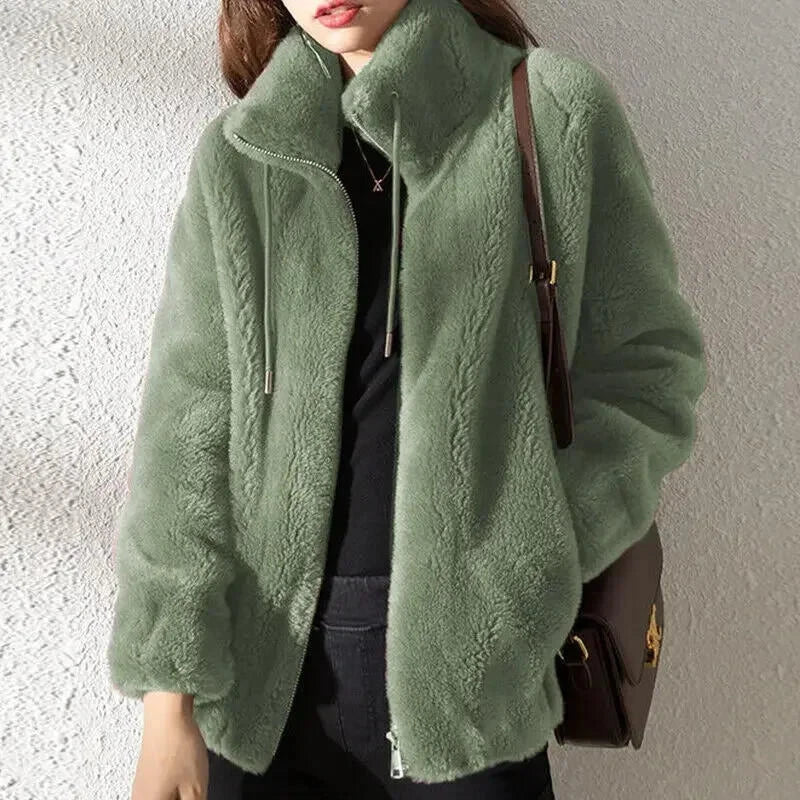 Women’s Plain Fluffy Coat with Drawstring – Soft Cozy Casual Winter Outerwear Style
