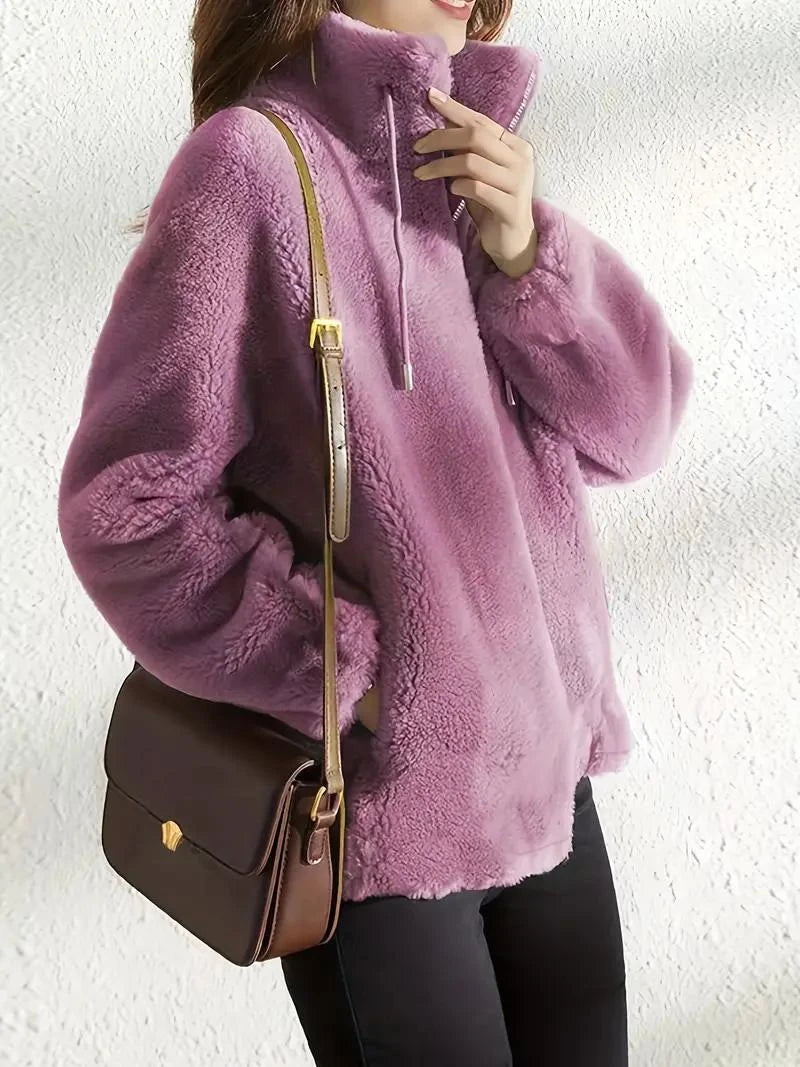 Women’s Plain Fluffy Coat with Drawstring – Soft Cozy Casual Winter Outerwear Style