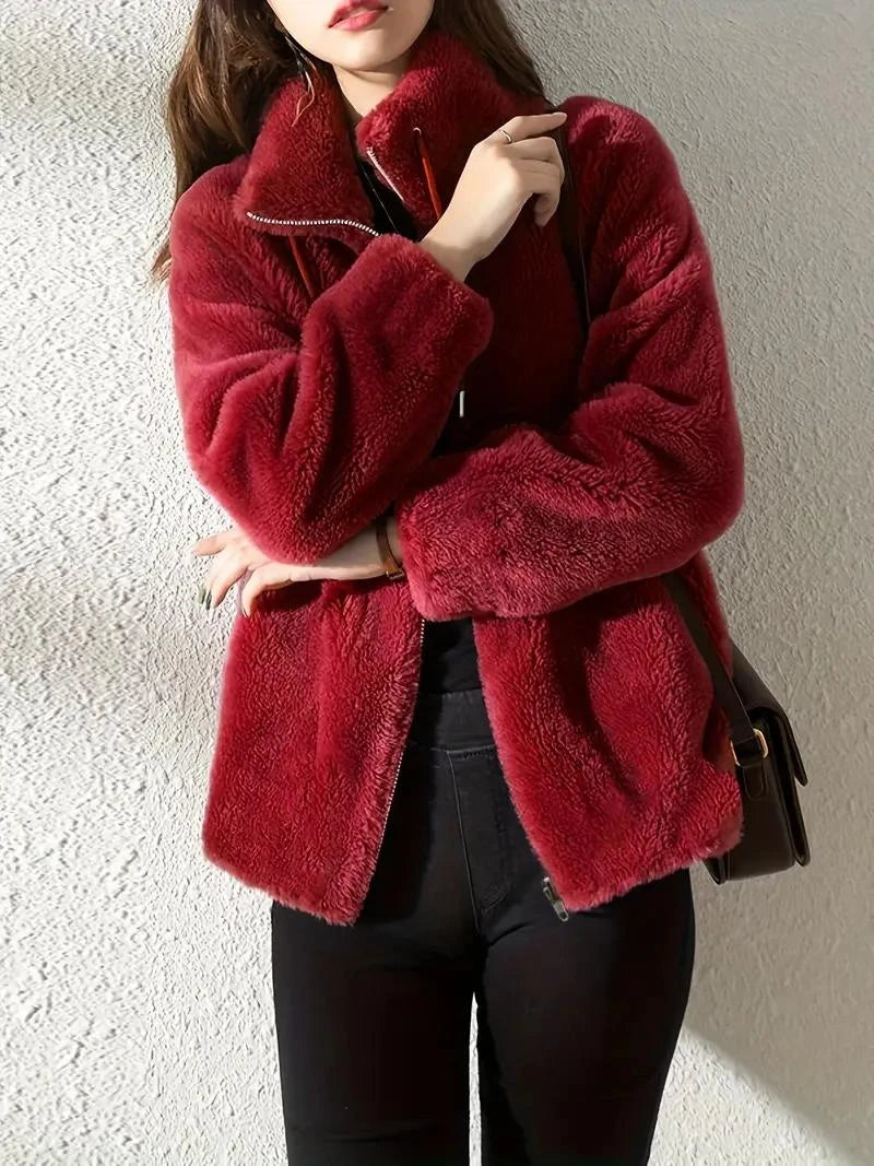 Women’s Plain Fluffy Coat with Drawstring – Soft Cozy Casual Winter Outerwear Style