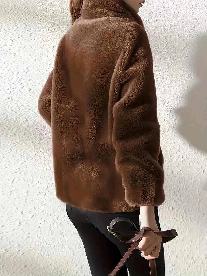 Women’s Plain Fluffy Coat with Drawstring – Soft Cozy Casual Winter Outerwear Style