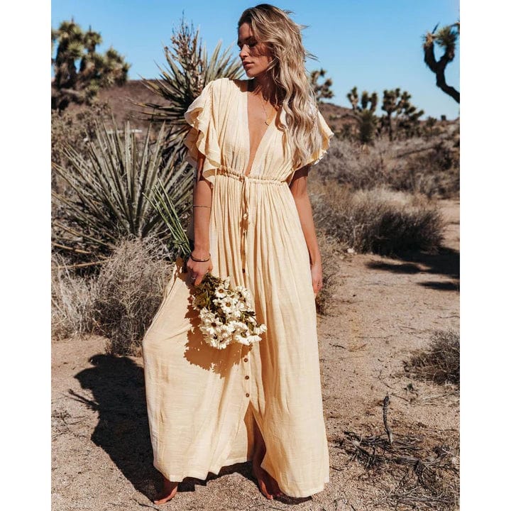 Women's Cream Maxi Ibiza Dress - Flowy Short Sleeve Vacation Dress