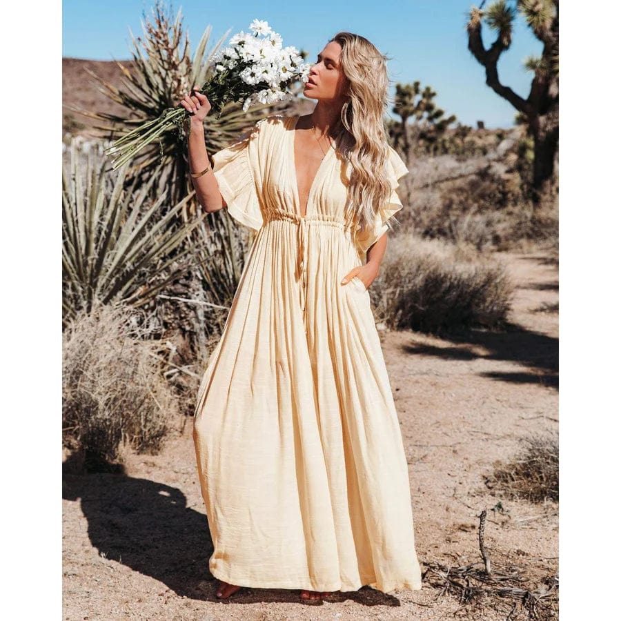 Women's Cream Maxi Ibiza Dress - Flowy Short Sleeve Vacation Dress