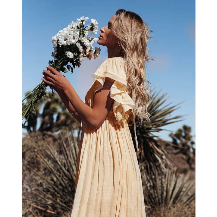 Women's Cream Maxi Ibiza Dress - Flowy Short Sleeve Vacation Dress