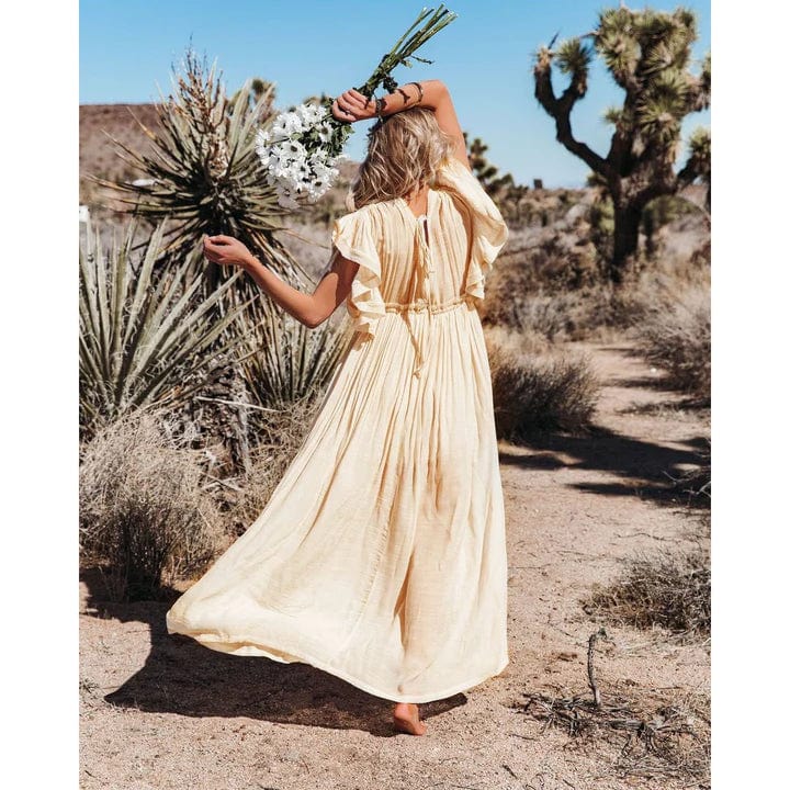 Women's Cream Maxi Ibiza Dress - Flowy Short Sleeve Vacation Dress