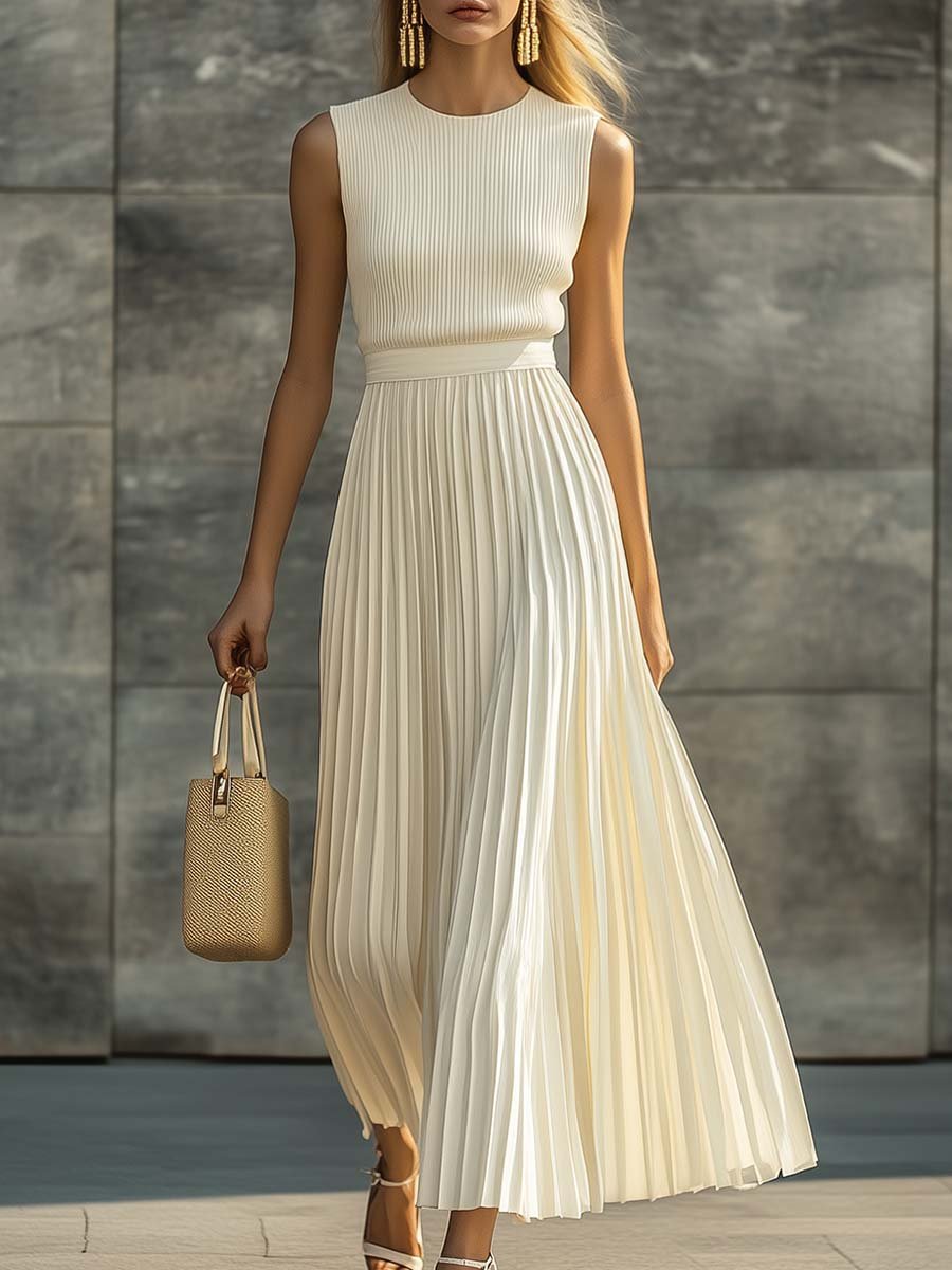 Women's Sleeveless Pleated Chiffon Maxi Dress - Elegant Occasion Daywear