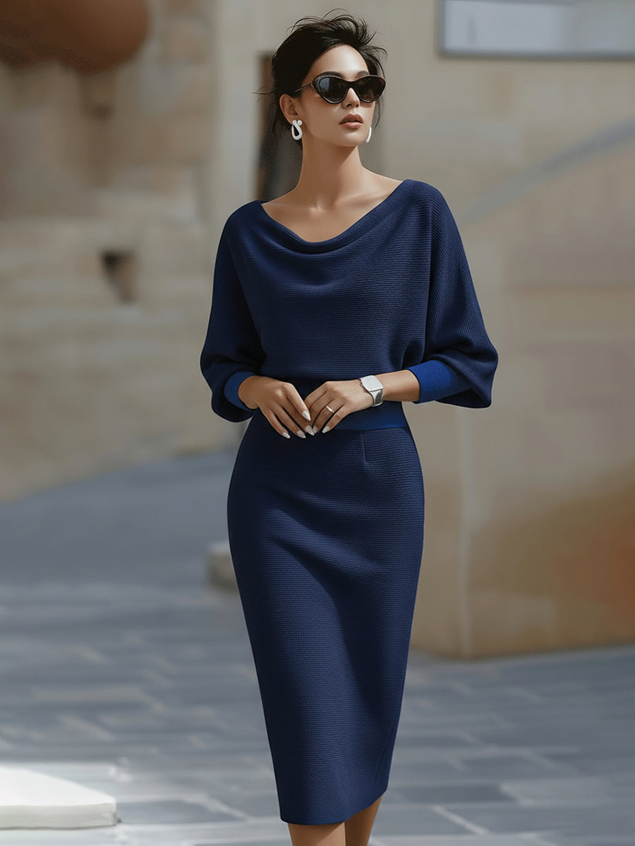 Women's Draped Batwing Sleeve Midi Dress – Elegant Occasion Dress