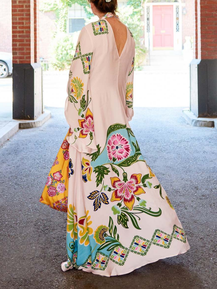 Women's Long Sleeve Floral Maxi Dress - High Neck Flowing Printed Dress