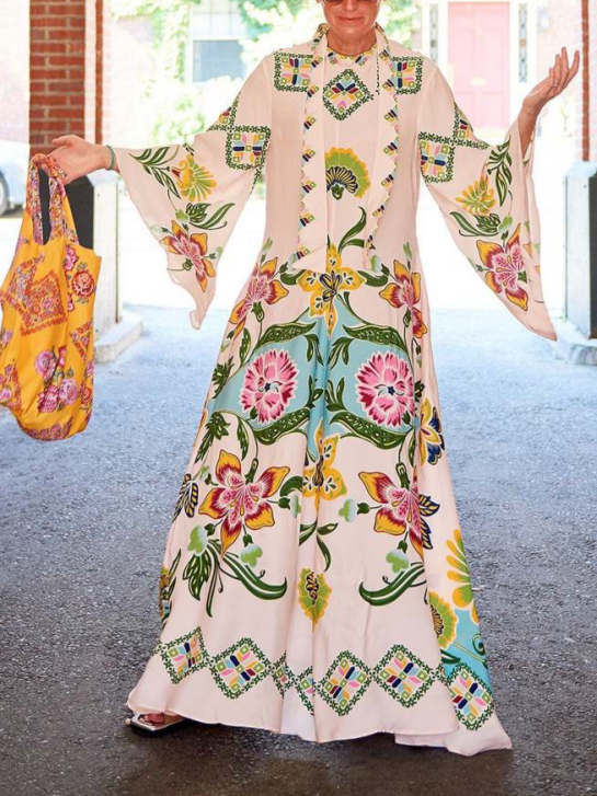 Women's Long Sleeve Floral Maxi Dress - High Neck Flowing Printed Dress