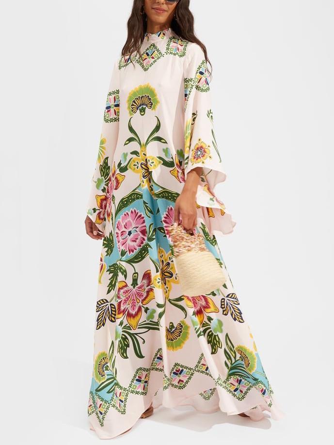 Women's Long Sleeve Floral Maxi Dress - High Neck Flowing Printed Dress