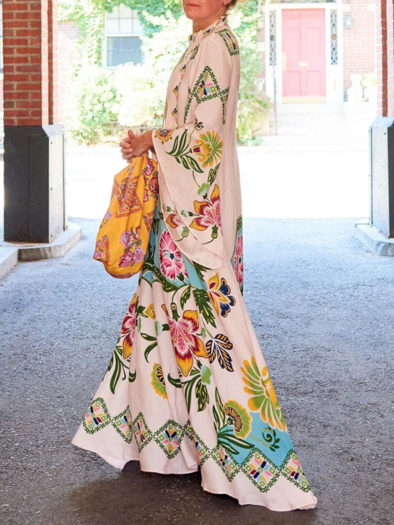 Women's Long Sleeve Floral Maxi Dress - High Neck Flowing Printed Dress