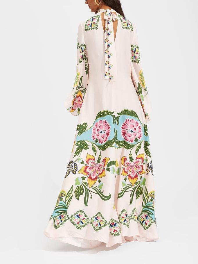 Women's Long Sleeve Floral Maxi Dress - High Neck Flowing Printed Dress