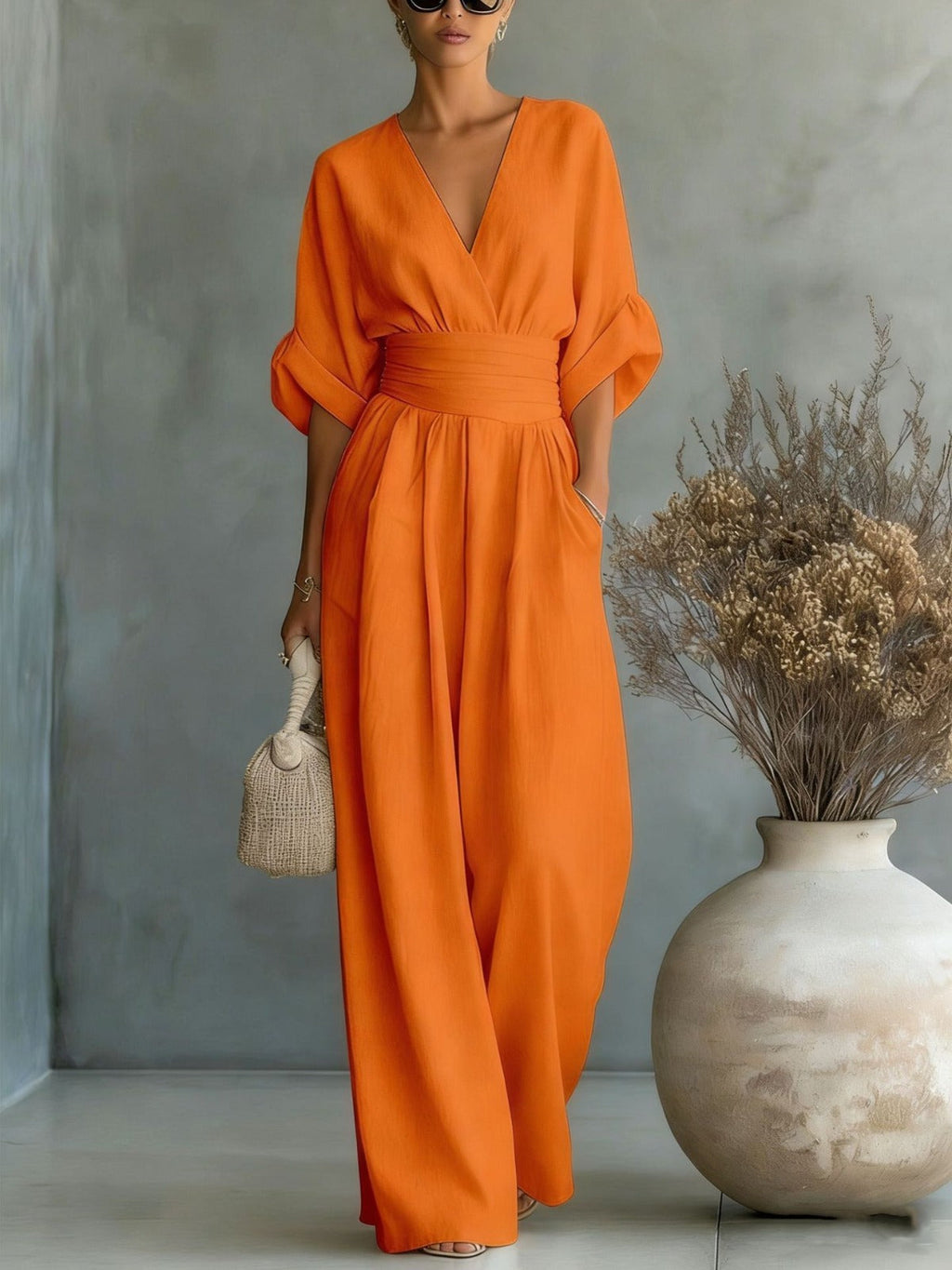 Women's Deep V Neck Wide Leg Jumpsuit - Elegant Occasion One Piece