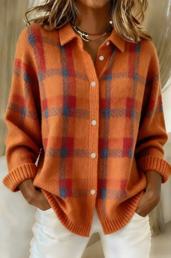 Women’s Plaid Cotton Knit Cardigan – Elegant Long Button-Front Sweater
