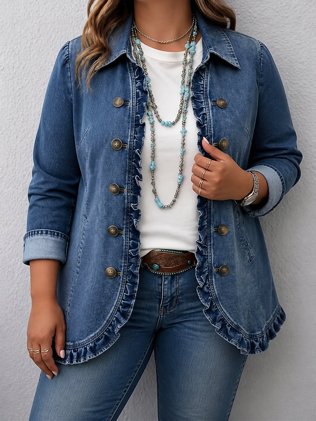 Denim Ruffle Jacket - Casual and Feminine