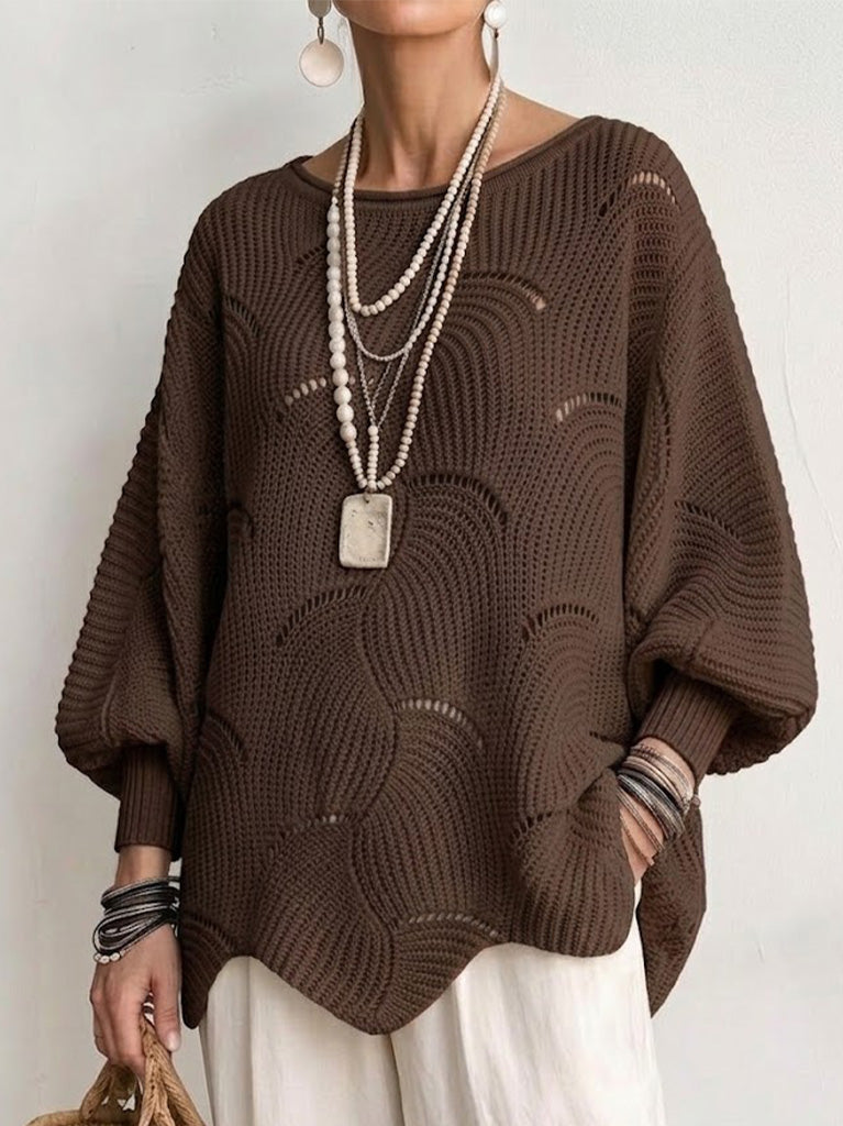 Women’s Open-Knit Wave Pattern Sweater – Soft Relaxed Pullover