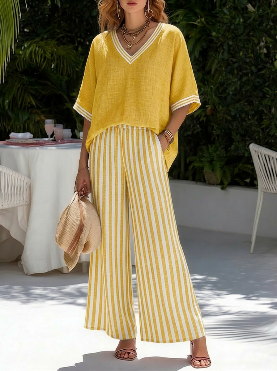 Women's Striped Linen Blend Two-Piece Set – Patchwork Top and Relaxed Trousers