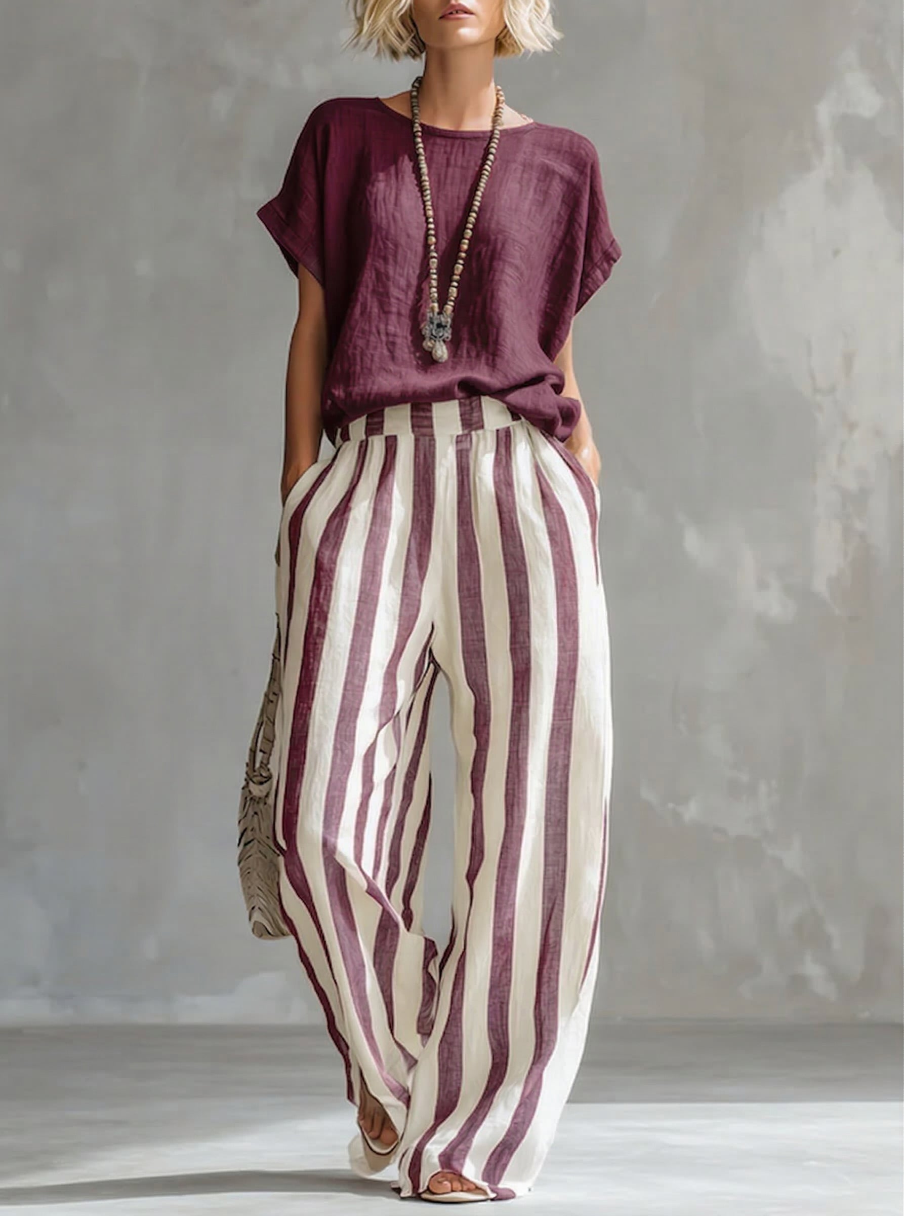Women's Striped Cotton Linen Two-Piece Set – Loose Fit Lounge Outfit