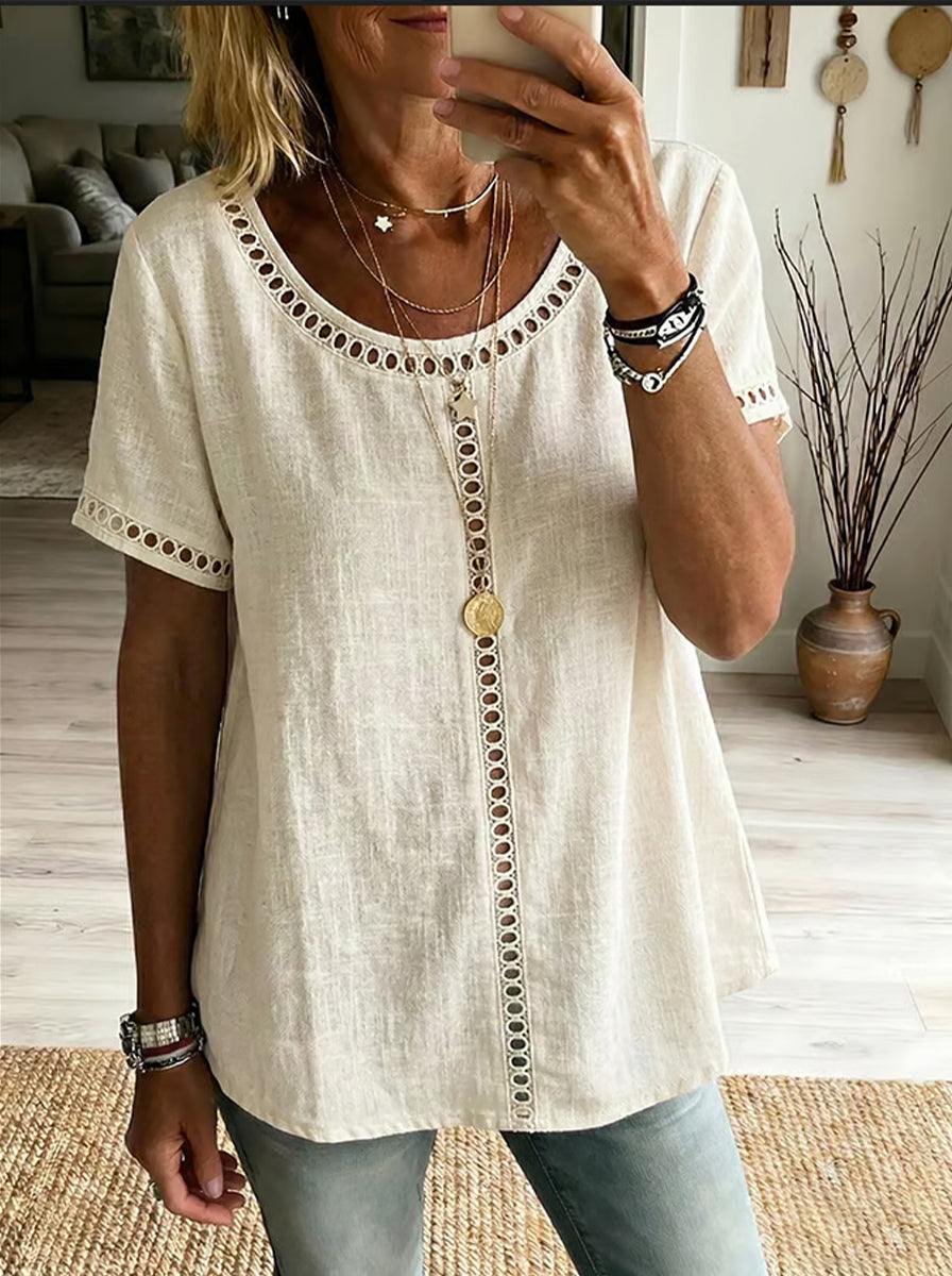 Women's Linen Blend Patchwork Top – Openwork Casual Summer Blouse