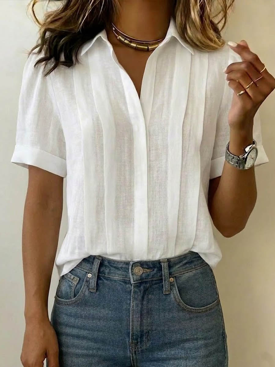 Women's Cotton Linen Lapel Shirt – Loose Pleated Short Sleeve Summer Blouse