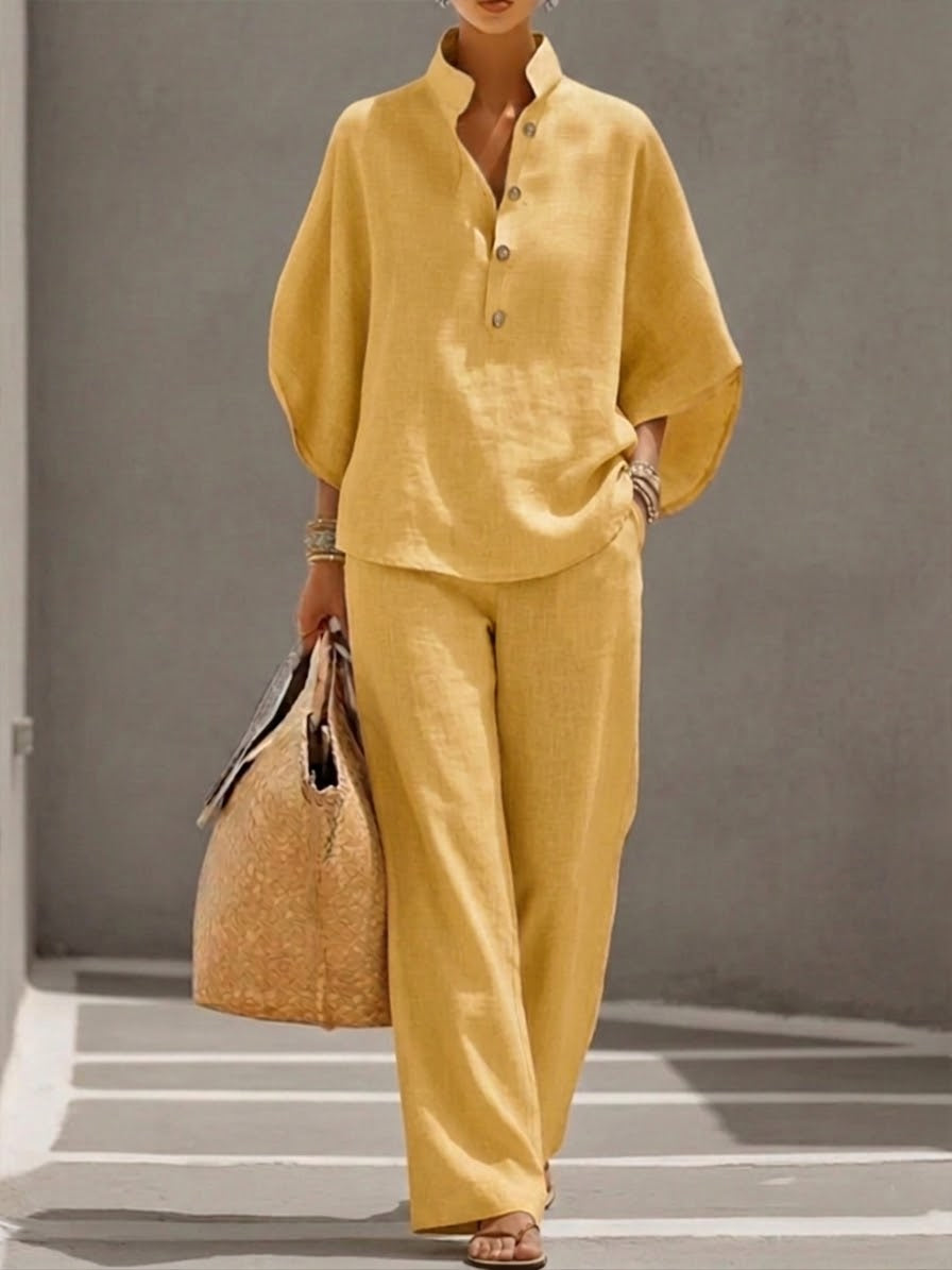 Women's Batwing Sleeve Linen Blend Two-Piece Set – Relaxed Shirt and Trousers Outfit