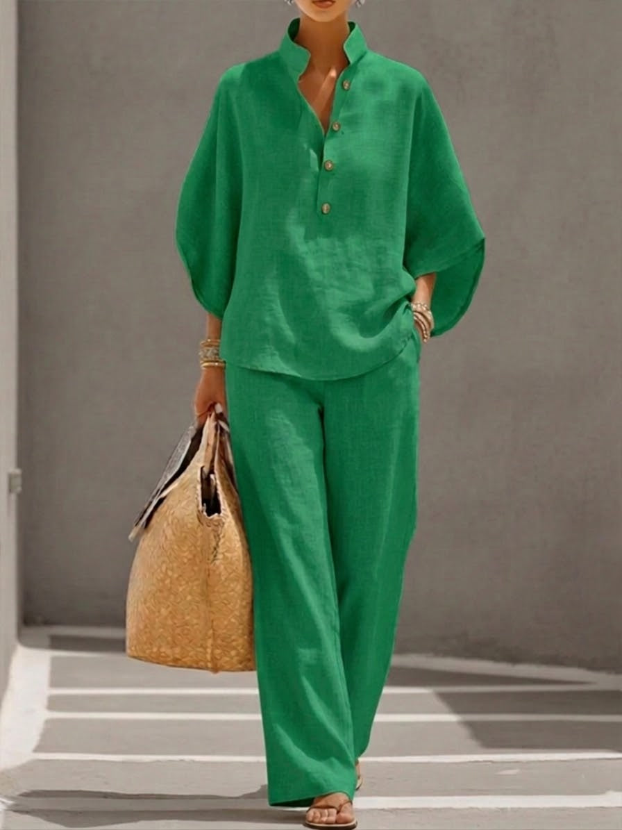 Women's Batwing Sleeve Linen Blend Two-Piece Set – Relaxed Shirt and Trousers Outfit