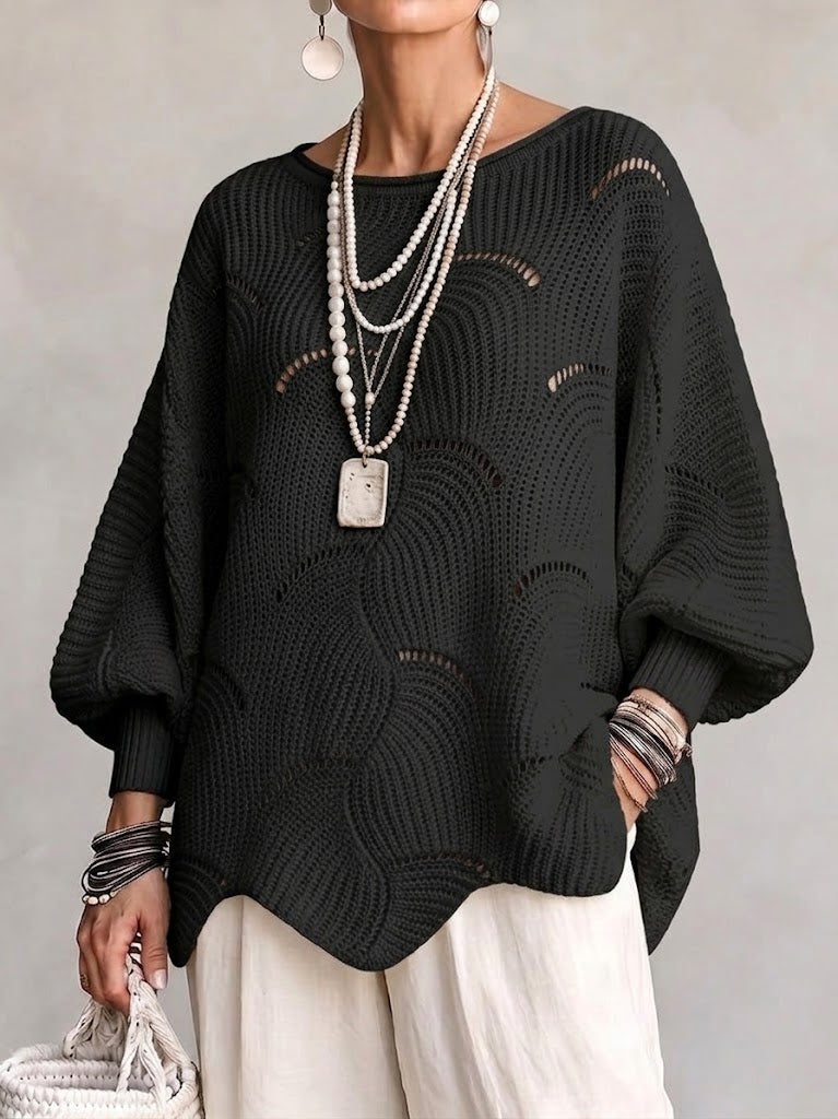 Women’s Open-Knit Wave Pattern Sweater – Soft Relaxed Pullover