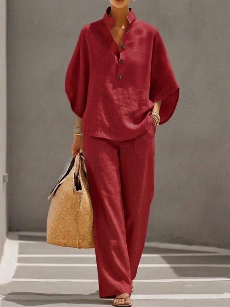 Women's Batwing Sleeve Linen Blend Two-Piece Set – Relaxed Shirt and Trousers Outfit