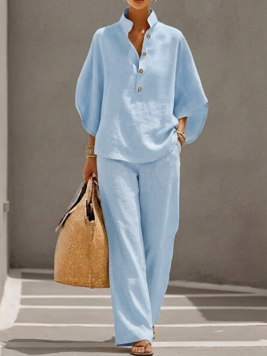 Women's Batwing Sleeve Linen Blend Two-Piece Set – Relaxed Shirt and Trousers Outfit