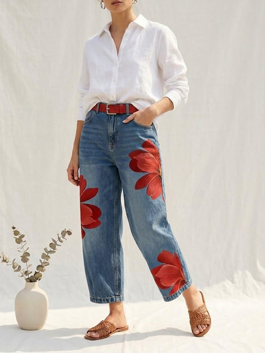Women's Floral Wide Leg Trousers - Bold Casual Statement Style